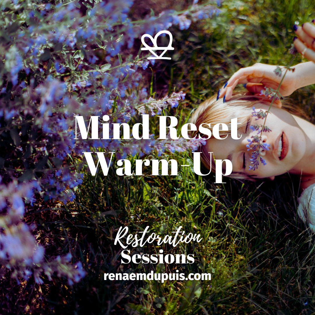 Promo image advertising Mind Reset Warm-Up with Restoration Sessions; person lying in lavender, smiling, outdoors; website renaedupuis.com