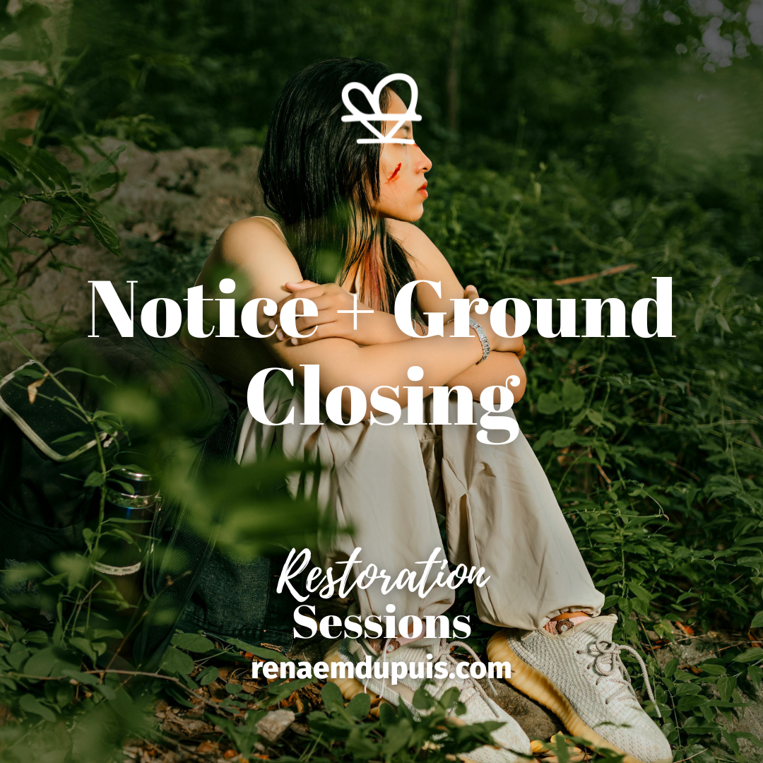 Promotional hero image: person sitting in greenery with bold white text 'Notice + Ground Closing' and 'Restoration Sessions' and the website renaemdumpus.com.