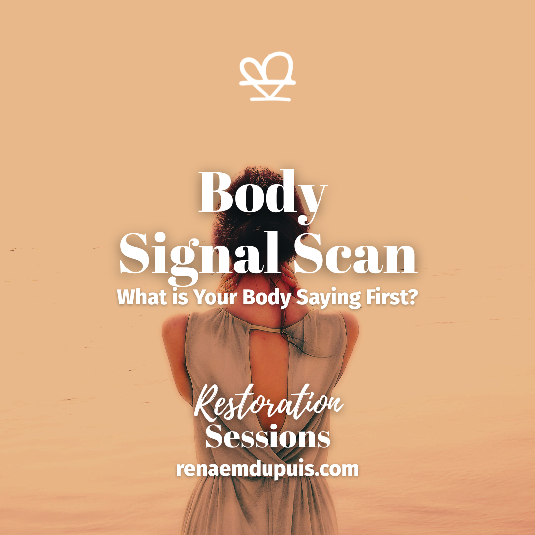 Promotional poster for Body Signal Scan and Restoration Sessions; back view of a woman at sunset with the site renaemdupuis.com.