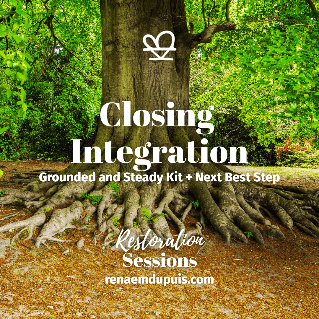 Tree with expansive roots in a green park; promotional text for Restoration Sessions and the website renaemdupuis.com