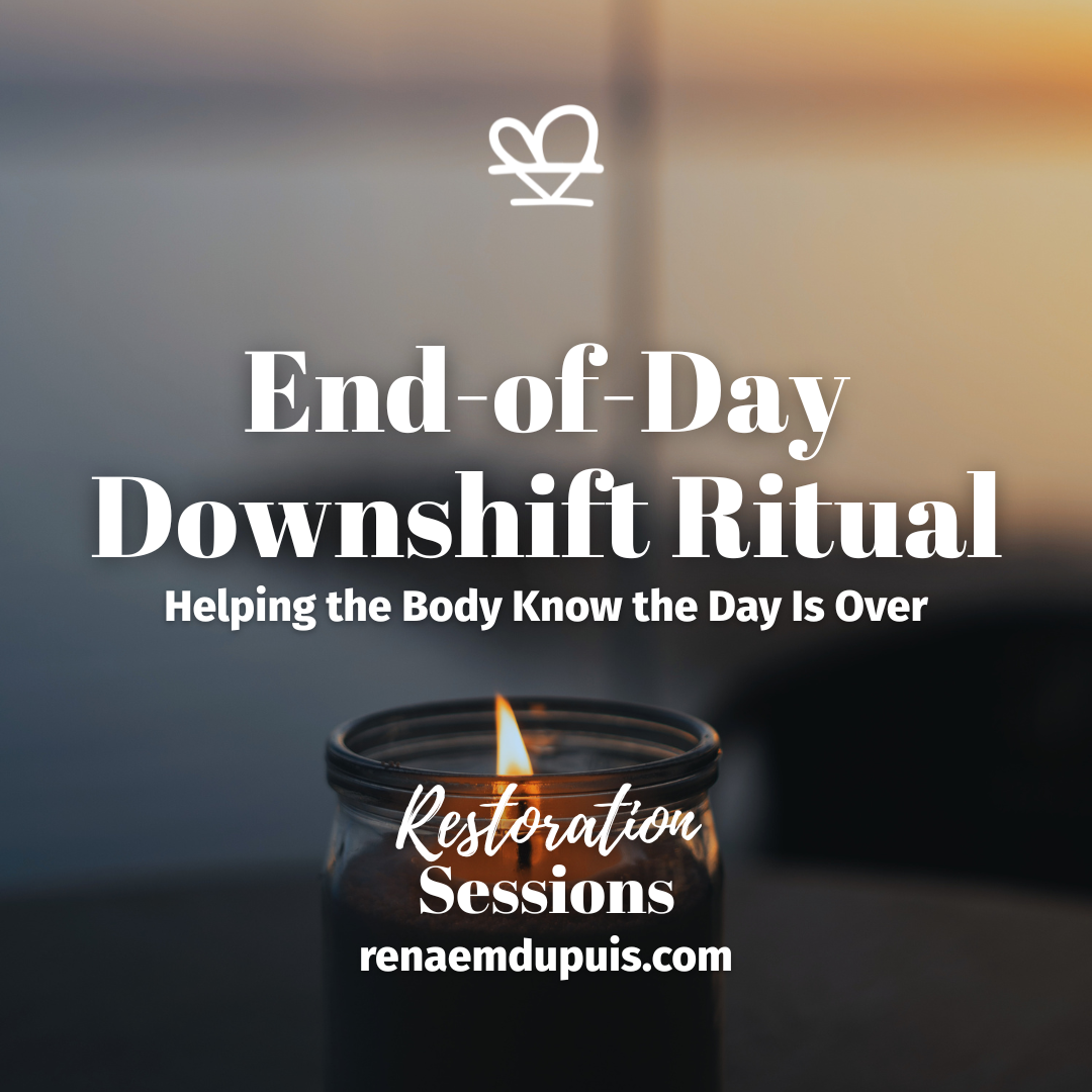 Promotional graphic for 'End-of-Day Downshift Ritual' with a lit candle and sunset background in soft focus.