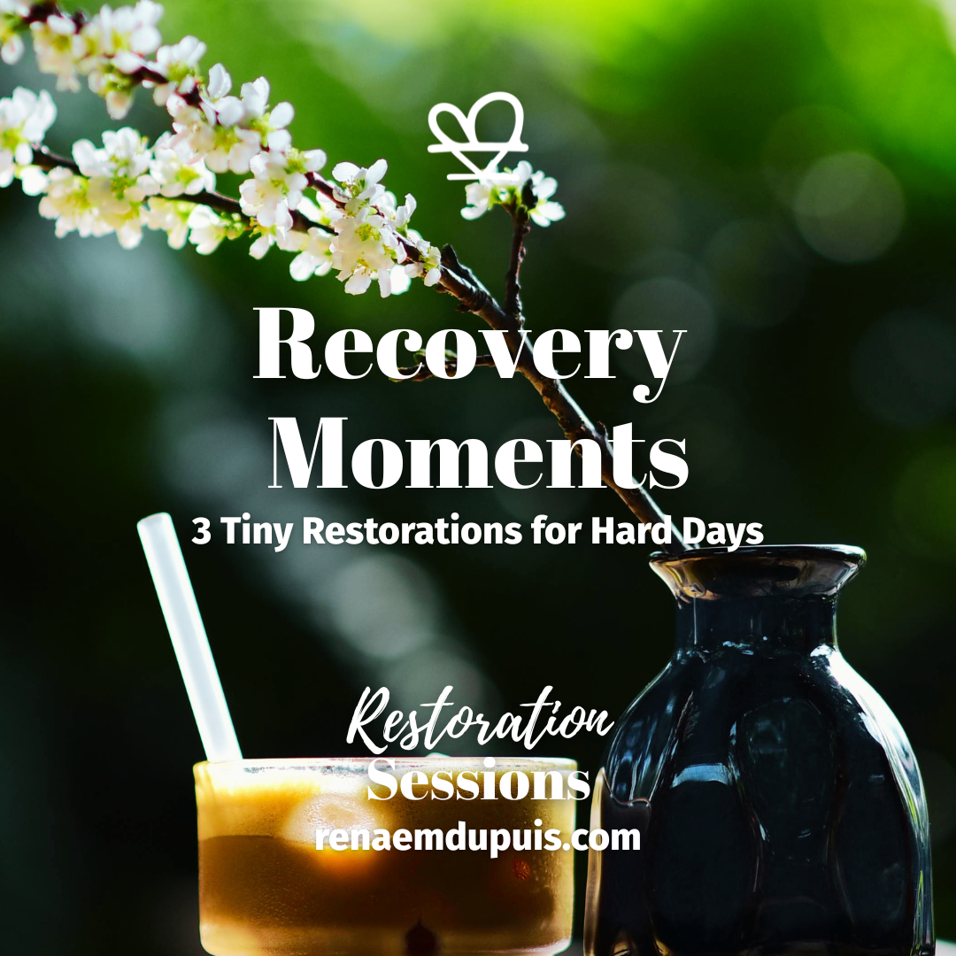 Promo banner for 'Recovery Moments' featuring a glass of drink and a dark bottle with white blossoms in a green, blurred background; promotes restorative sessions at renaemdupuis.com