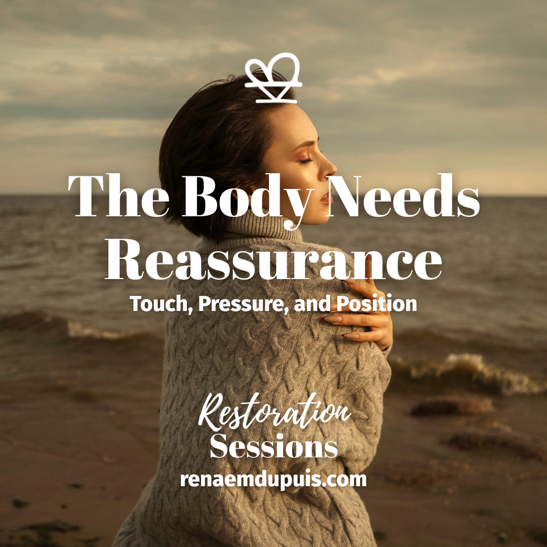 Woman on a beach in a chunky knit sweater, with large white text reading 'The Body Needs Reassurance' and 'Restoration Sessions' overlaid, plus the site renaemdupuis.com at the bottom.