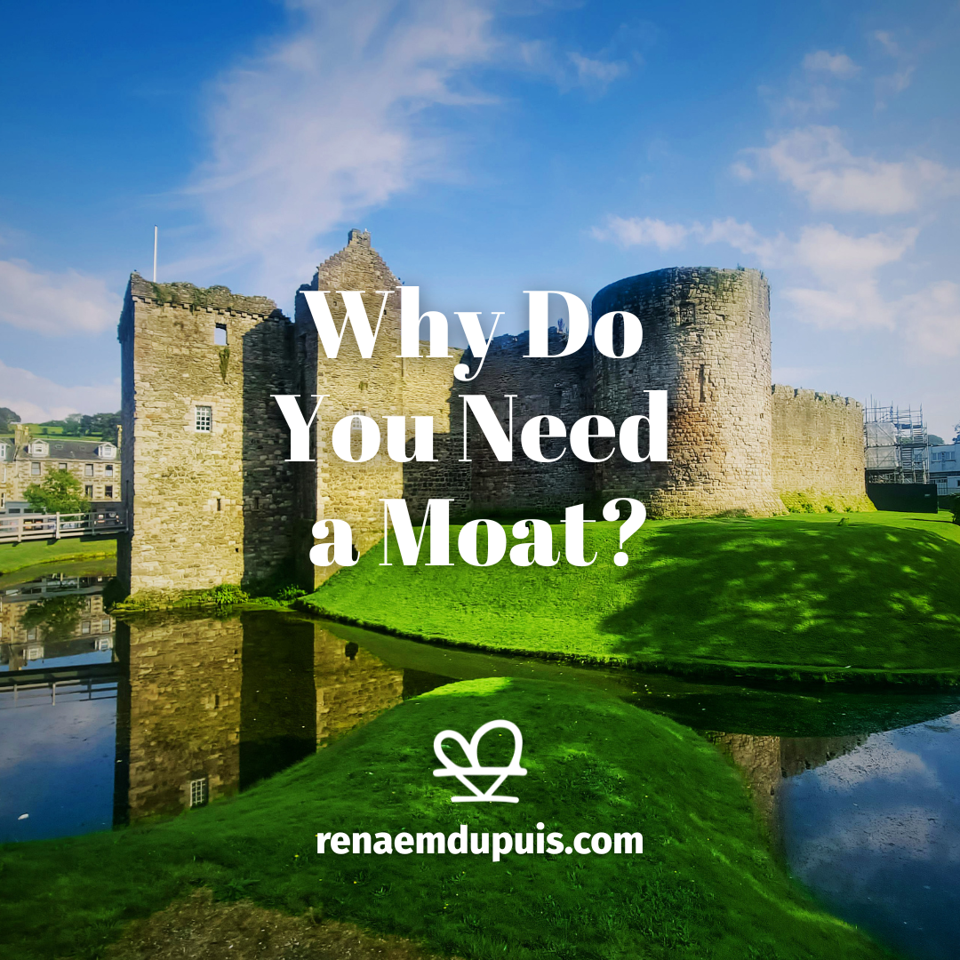Stone castle by a green moat under a blue sky, with bold white text:'Why Do You Need a Moat?' and a logo with renaemdupuis.com.