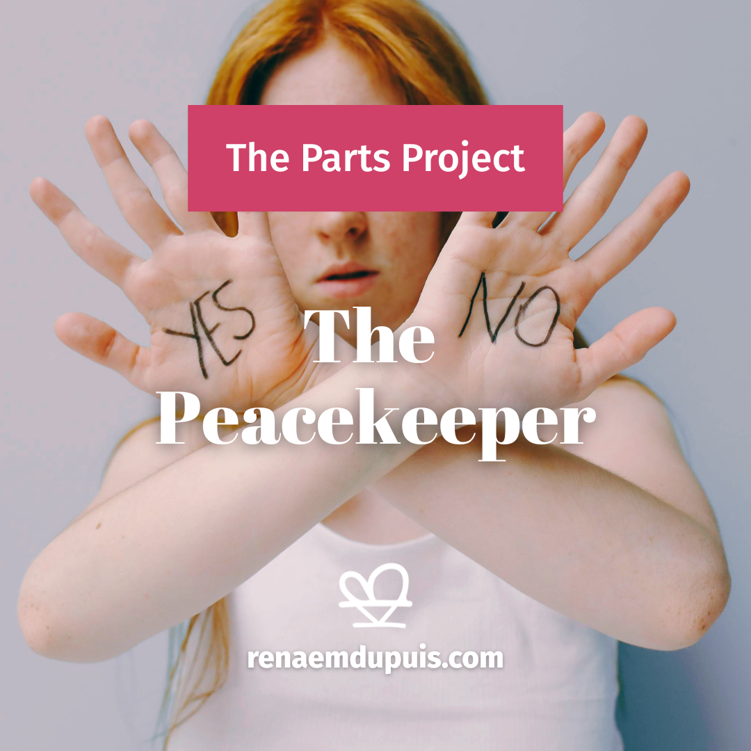 Promotional image for The Peacekeeper by renaemdupuis.com, showing a person with 'Yes' and 'No' on their palms.