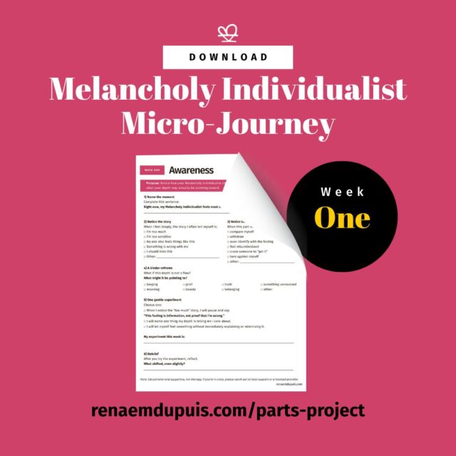 Micro-Journey #1 — Awareness

What if your depth is not proof that you’re too much?
What if it’s information?

Micro-Journey #1: Awareness is a free 1-page practice to help you notice:

+ when your Melancholy Individualist gets activated
+ the stories that rise with it
+ and how often emotional depth gets turned into self-judgment

This is a gentle place to start if you’ve ever felt too sensitive, too intense, or too different.

🧩 Download Micro-Journey #1:
https://renaemdupuis.com/product/melancholy-individualist-micro-journey-1-awareness/

#melancholyindividualist #microjourney #selfawareness #partsproject #selfcompassion