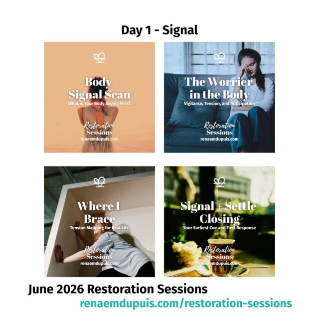 Sometimes stress shows up in the body before we can explain what’s wrong.

A tight jaw.
A braced chest.
A restless feeling.
A nervous system that stays “on.”
A body that feels tired, but still alert.

That’s why Day 1 of Grounded + Steady is all about Signal.

We’ll begin by noticing what your body is already telling you — gently, without judgment, and without needing to fix everything at once.

Day 1 includes:

Body Signal Scan
The Worrier in the Body
Where I Brace
Signal + Settle Closing

This is for the caregivers, helping professionals, parents, sensitive humans, and steady ones whose bodies have been carrying a lot.

Free + virtual.
48-hour replay available.

Register here:
renaemdupuis.com/restoration-sessions